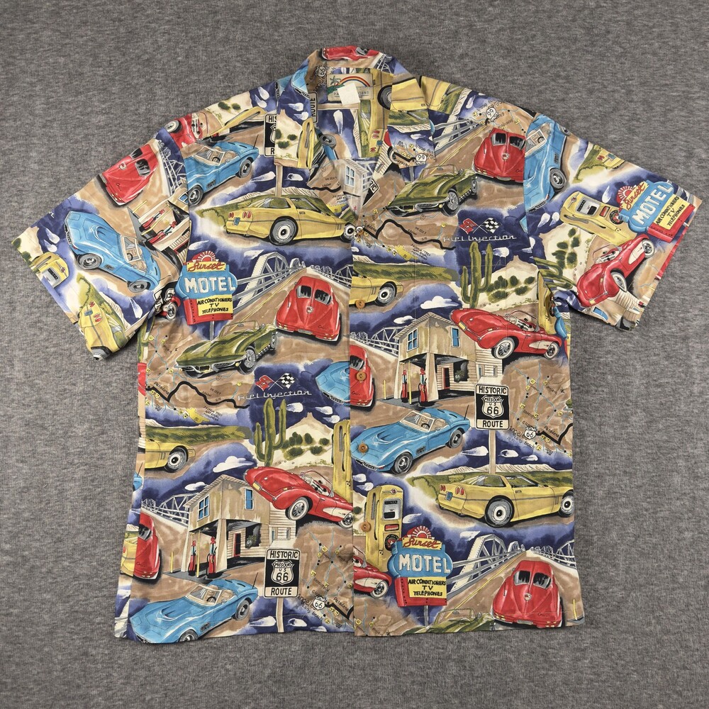 Paradise Found Hawaiian Shirt Mens Large Aloha Rayon Route 66 Cars Made USA